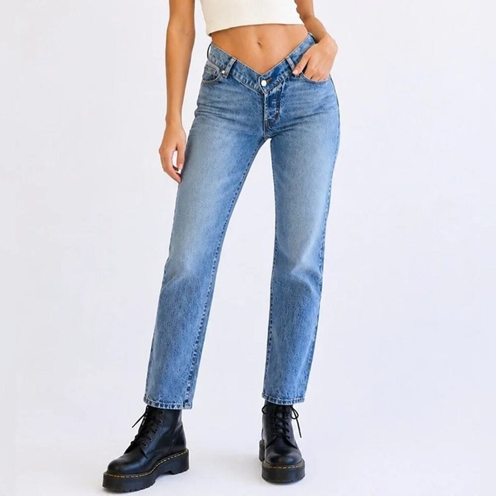 REVICE Denim Viper V Cut Waist Straight Leg Acid Wash Blue Jeans Size 27